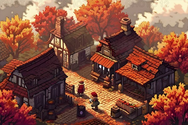 Pixel art style illustration of a cozy village in the ambience of autumn season, AI generated
