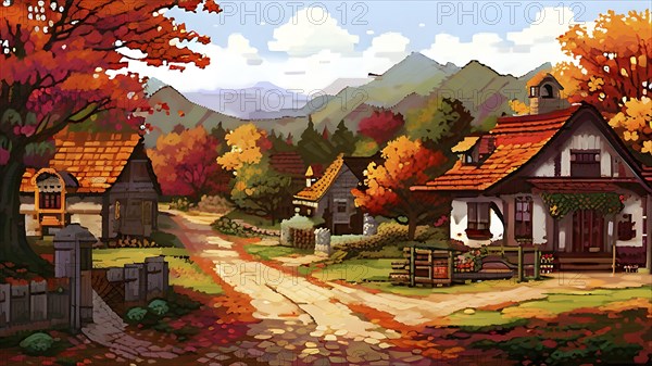 Pixel art style illustration of a cozy village in the ambience of autumn season, AI generated