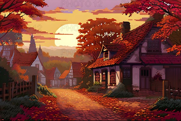 Pixel art style illustration of a cozy village in the ambience of autumn season, AI generated