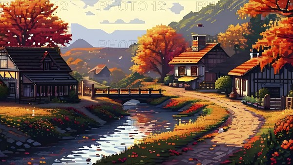 Pixel art style illustration of a cozy village in the ambience of autumn season, AI generated