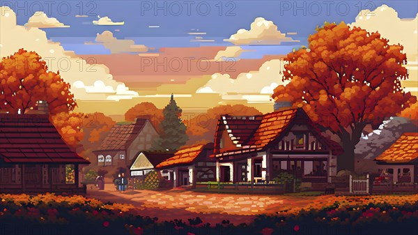 Pixel art style illustration of a cozy village in the ambience of autumn season, AI generated