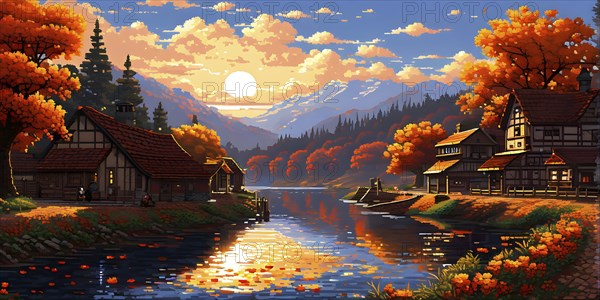 Pixel art style illustration of a cozy village in the ambience of autumn season, AI generated