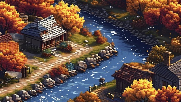 Pixel art style illustration of a cozy village in the ambience of autumn season, AI generated