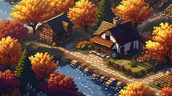 Pixel art style illustration of a cozy village in the ambience of autumn season, AI generated