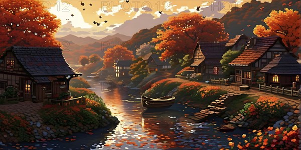 Pixel art style illustration of a cozy village in the ambience of autumn season, AI generated