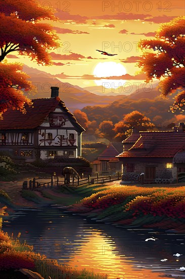 Pixel art style illustration of a cozy village in the ambience of autumn season, AI generated