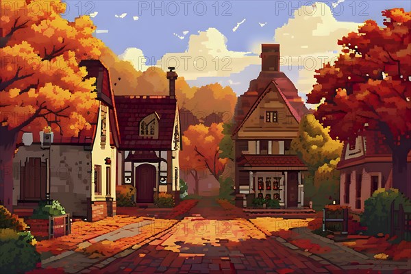 Pixel art style illustration of a cozy village in the ambience of autumn season, AI generated