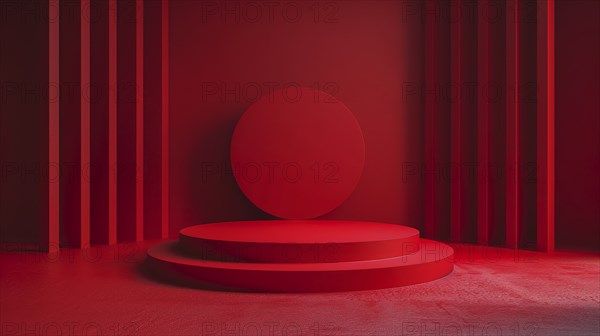 Minimalist scene with a circular red empty podium and a large cylindrical backdrop, emphasizing