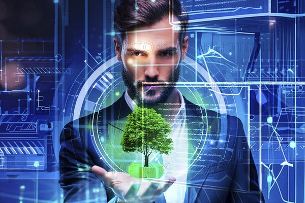 Man in suit holding a holographic representation of a tree, surrounded by futuristic technology, AI