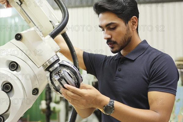 An engineer in a workshop works in detail on a robotic arm, immersed in mechanics, AI and