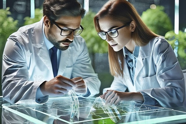 Two scientists in lab coats working intensively with holographic technology at a table, AI and