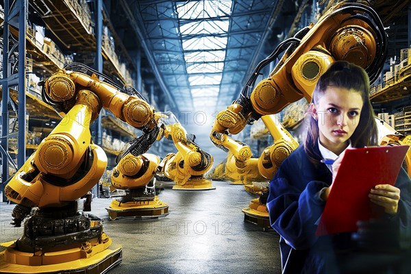 Woman with clipboard monitors industrial robot arms in a large warehouse, AI and illustration