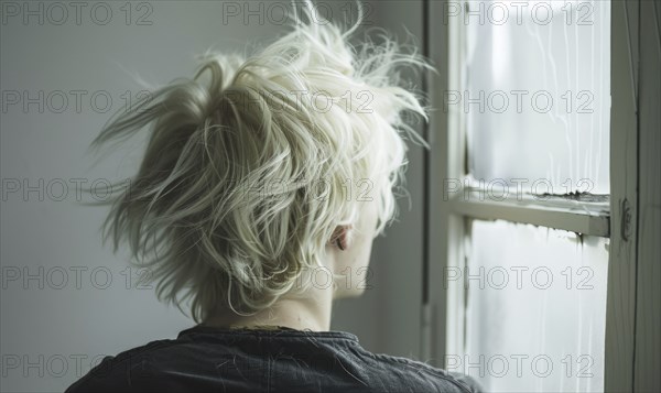 A man with platinum blonde tousled hair, back view, AI generated