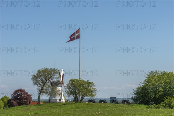 Dybbol Molle, Düppel Mill, Memorial to the German-Danish War of 1864, Dannebrog flag, cannons,