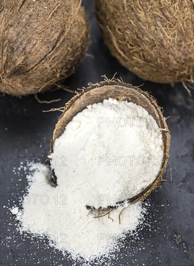Coconut flour (fresh) as detailed close-up shot, selective focus)