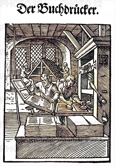 The printer, woodcut from the, Das Staendebuch, a famous series of woodcuts of the craft of Amman,