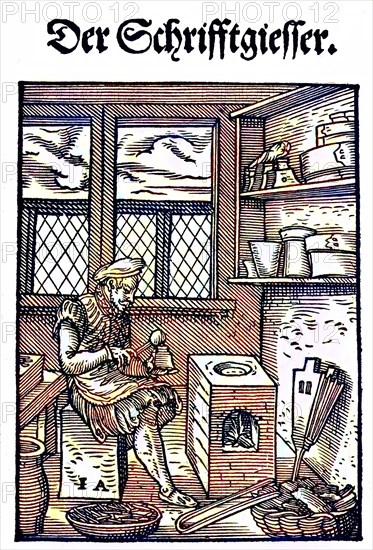 Der Schriftgiesser, Schriftgiesserei, Schriftgiesser, woodcut from the, Das Staendebuch, a famous