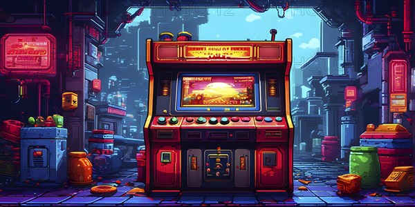 Pixel art illustration of a classic arcade game scene with characters navigating through obstacles,