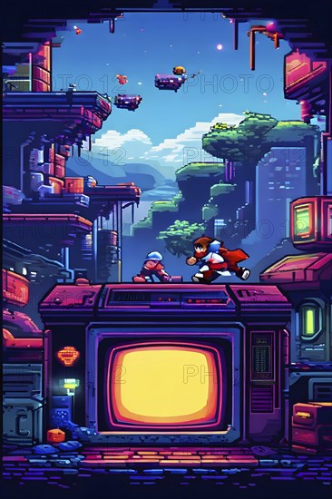 Pixel art illustration of a classic arcade game scene with characters navigating through obstacles,