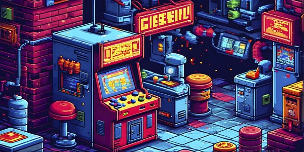 Pixel art illustration of a classic arcade game scene with characters navigating through obstacles,