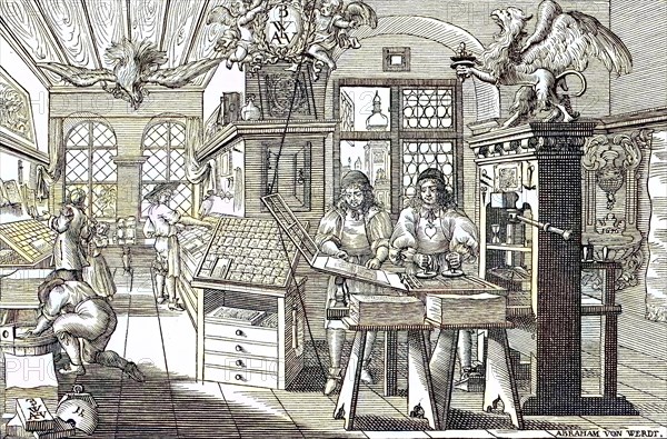 Printers and workers in a book printer's workshop in the 17th century, Germany, digital