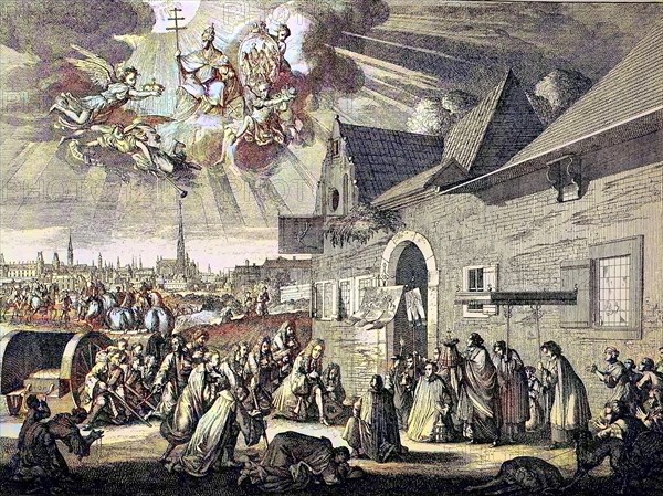 After Emperor Joseph I fled from his equipage, he kneels in front of the saintissimum, Joseph I, 26