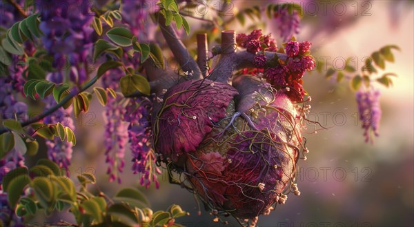 Realistic model of a human heart covered in blooming flowers and vines AI generated