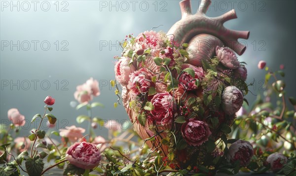 Realistic model of a human heart covered in blooming flowers and vines AI generated