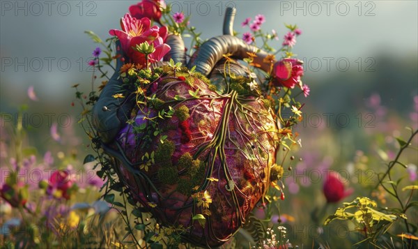 Realistic model of a human heart covered in blooming flowers and vines AI generated