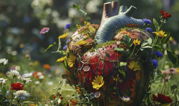 Realistic model of a human heart covered in blooming flowers and vines AI generated