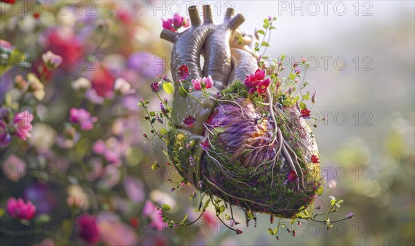 Realistic model of a human heart covered in blooming flowers and vines AI generated