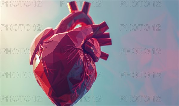 Low poly style illustration of a human heart on blue background AI generated