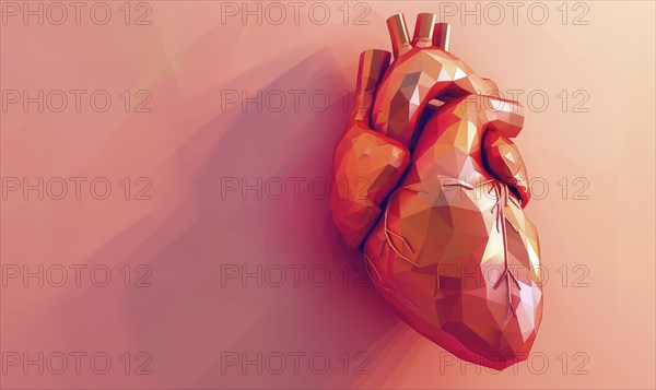 Low poly style illustration of a human heart on pink background AI generated