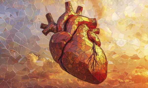 Low poly style illustration of a human heart, mosaic-like appearance AI generated