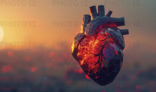 Low poly style illustration of a human heart, mosaic-like appearance AI generated