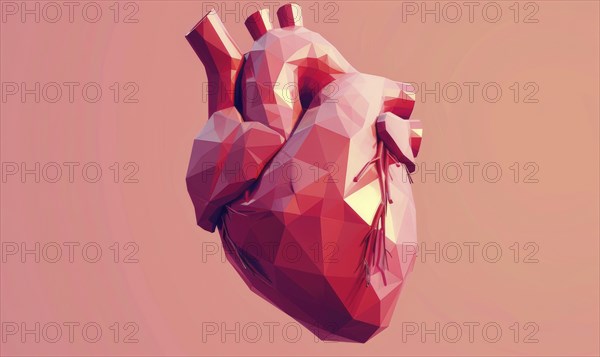 Low poly style illustration of a human heart on pink background AI generated
