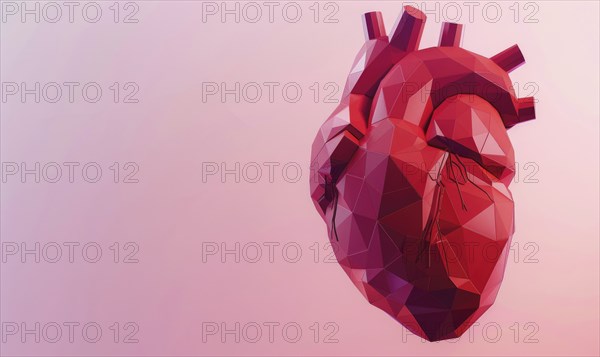 Low poly style illustration of a human heart on pink background AI generated
