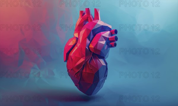 Low poly style illustration of a human heart on blue background AI generated