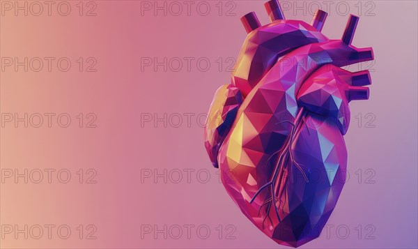 Low poly style illustration of a human heart on red background AI generated