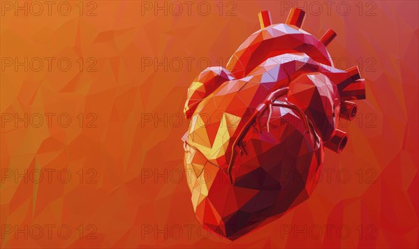 Low poly style illustration of a human heart on red background AI generated