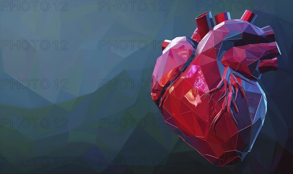 A polygonal heart with red, blue, and green colors displayed in an abstract, low poly digital art