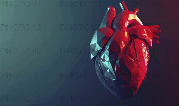 A stylized polygonal heart in red, blue, and green, presented in a low poly, abstract digital art
