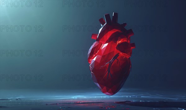 A heart made of paper is on a blue background. The heart is red and has a broken appearance AI