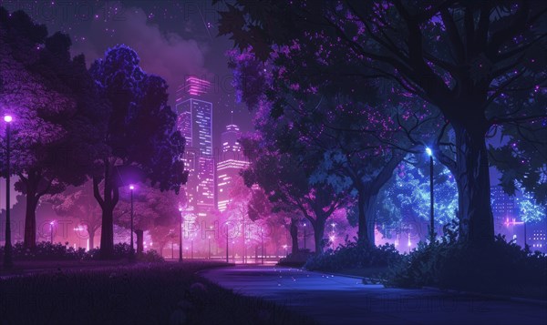 A cityscape with neon lights and trees in the background AI generated