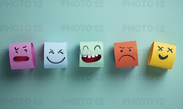 A row of paper cutouts of different emotions, including a smiley face and a frowning face AI