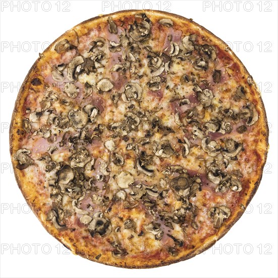 Fresh made ham and mushroom Pizza isolated on white background