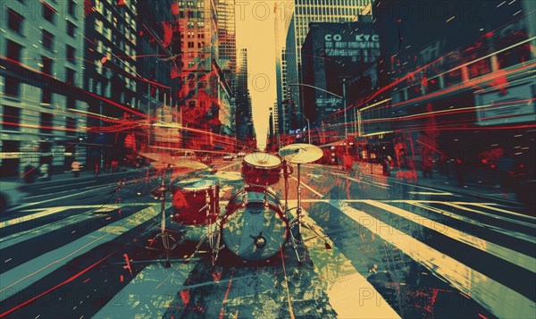 A city street with a drum set on the ground. The drums are red and black. The image has a vibrant
