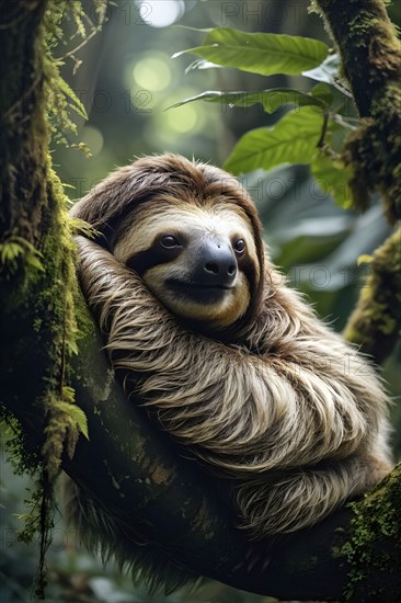 Sloth lounging in lush jungle treetop AI generated