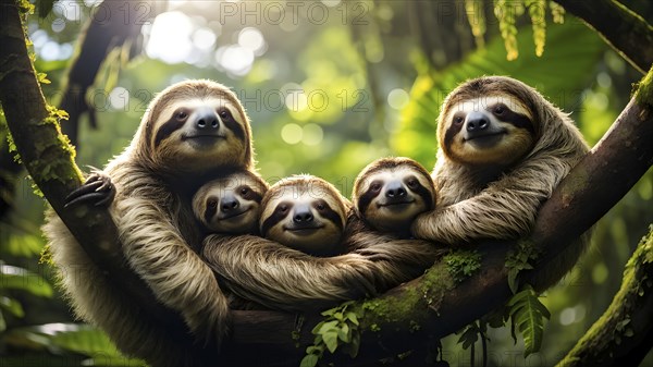Sloth family lounging in jungle treetops, AI generated