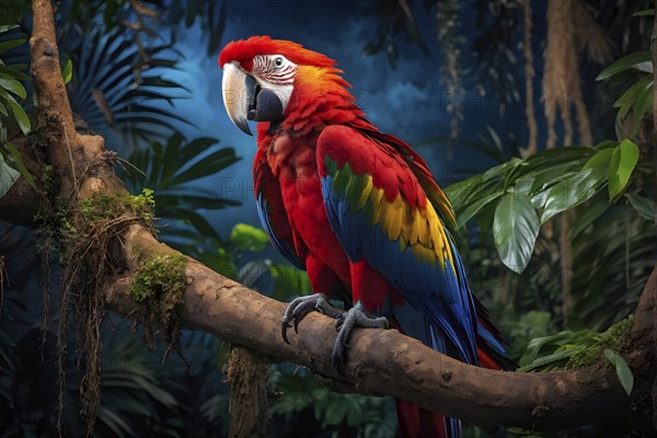 Scarlet macaw sitting on a tree branch against green jungle canvas, AI generated